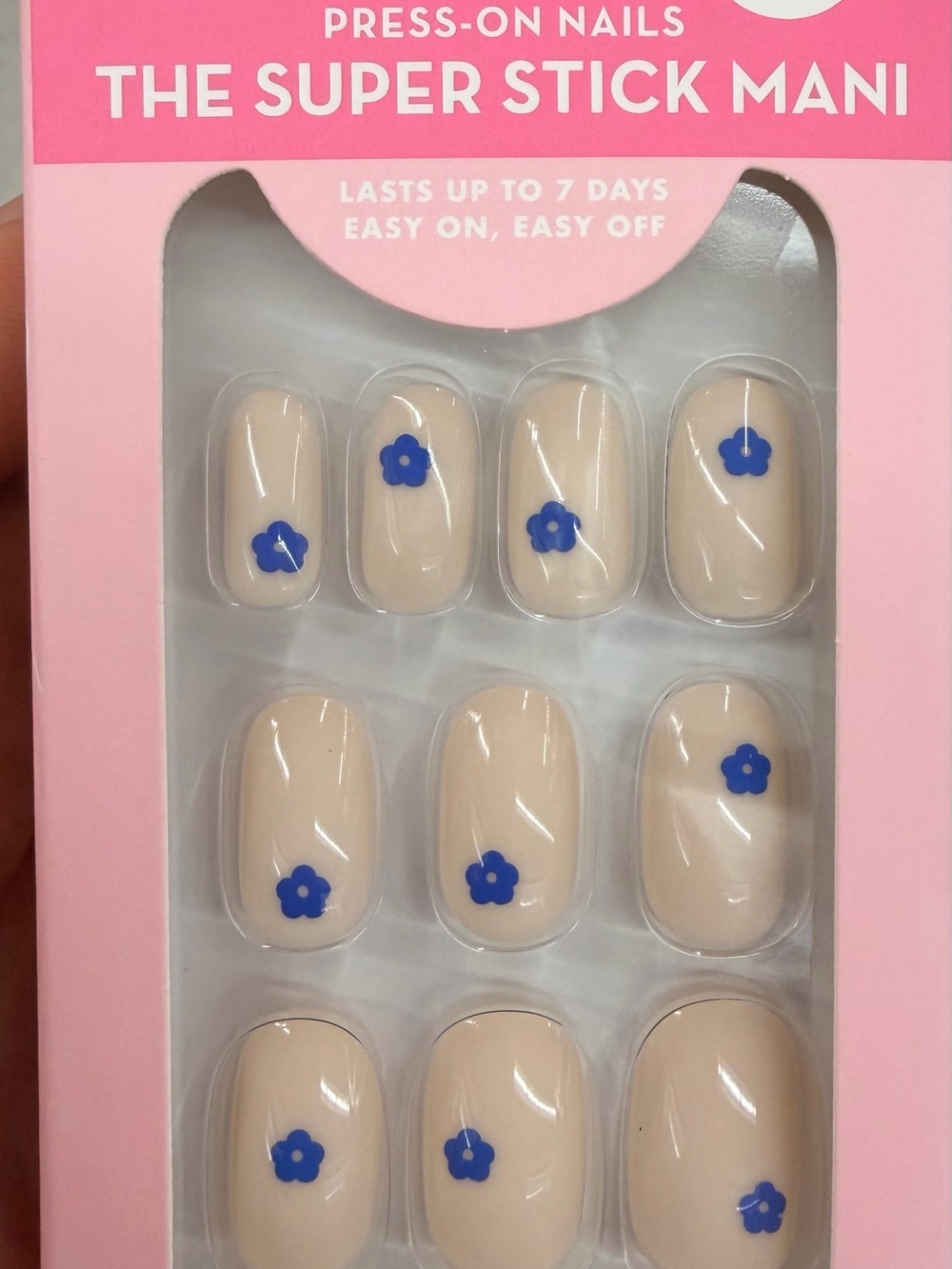 The Super Stick Mani Nude Press-On Nails with Blue Floral Accent